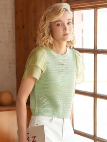 Knit Mix 泡泡袖紋理質感針織上衣 - 青檸色 - 查看 4