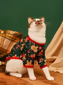 件寵物聖誕 T 卹，輕薄布料，印花薑餅人，雪花，鹿，熊貓，小貓，貴賓狗衣服 - 彩色 - 查看 2