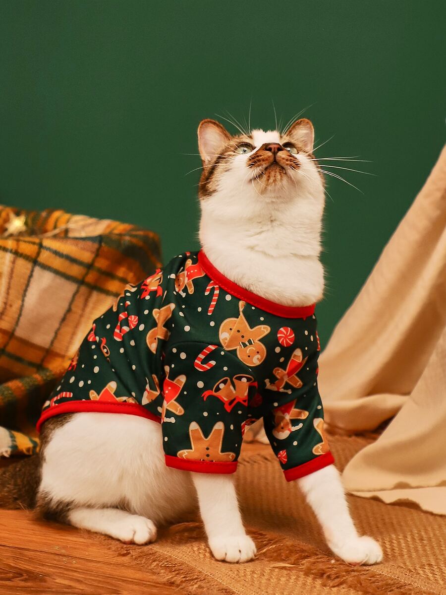 件寵物聖誕 T 卹，輕薄布料，印花薑餅人，雪花，鹿，熊貓，小貓，貴賓狗衣服
