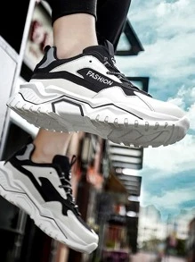 Hombres Zapatillas deportivas chunky de color combinado con cordón delantero - Blanco y Negro - Ver 5