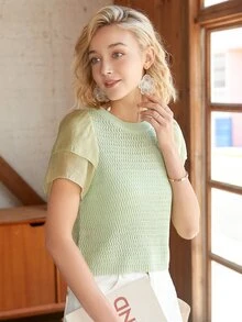 Knit Mix 泡泡袖紋理質感針織上衣 - 青檸色 - 查看 3