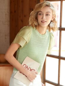 Knit Mix 泡泡袖紋理質感針織上衣 - 青檸色 - 查看 7