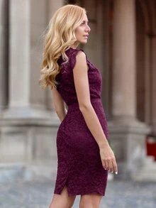 MIUSOL Solid Sleeveless Lace Overlay Cocktail Dress - Purple - View 2