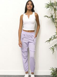 Cottnline Elastic Waist Slant Pockets Carrot Pants - Mauve Purple - View 1