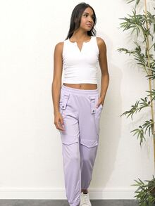 Cottnline Elastic Waist Slant Pockets Carrot Pants - Mauve Purple - View 3