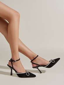 Bow Decor Pyramid Heeled Ankle Strap Pumps - Black - View 1