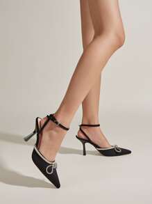 Bow Decor Pyramid Heeled Ankle Strap Pumps - Black - View 3