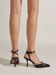 Bow Decor Pyramid Heeled Ankle Strap Pumps - Black - View 5