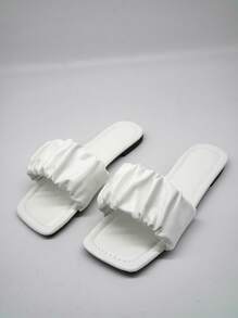 planare Fashionable Outdoors Flat Slippers for Women, Ruched Plain Artificial Leather Open Toe Slide Sandals