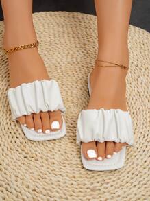 planare Fashionable Outdoors Flat Slippers for Women, Ruched Plain Artificial Leather Open Toe Slide Sandals