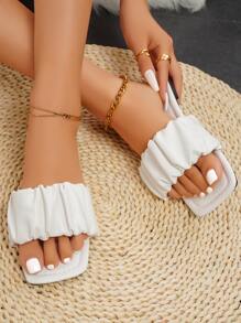 planare Fashionable Outdoors Flat Slippers for Women, Ruched Plain Artificial Leather Open Toe Slide Sandals