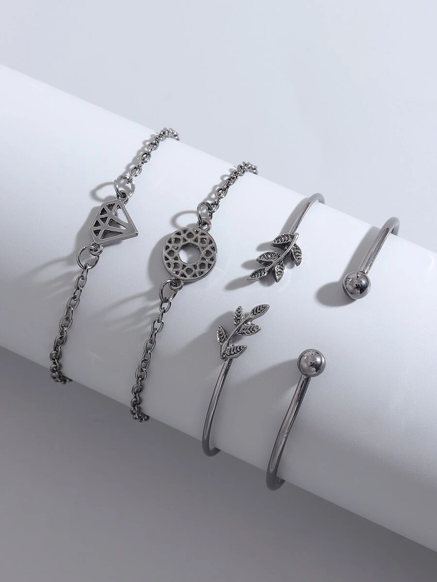 4入組鑽石和樹葉裝飾手環 - 銀色 - 查看 1