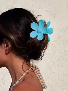Flower Design Hair Claw - Teal Blue - View 1