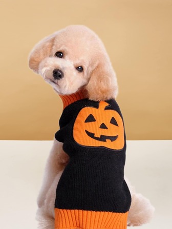 Halloween Kürbis Muster Hundepullover, warm & lustig für Golden Retriever Corgi große Hunde Kleidung, geeignet für Teddys und Haustiere, schwarze Basis mit orangefarbenem Saum