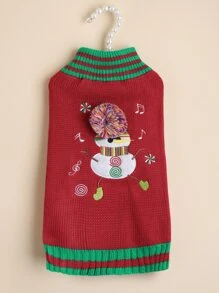 1 件红色宠物狗毛衣，适合秋冬季，圣诞节针织温暖毛绒球雪人音乐贴花，适合泰迪/金毛猎犬 - 紅色 - 查看 3