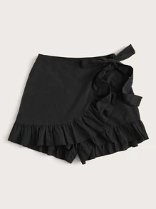 SHEIN VCAY Plus Tie Side Ruffle Trim Solid Skort - Black - View 3