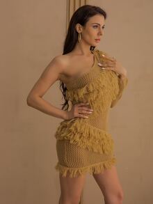 單肩流蘇細節紋理質感針織洋裝 - 芥末黃 - 查看 6