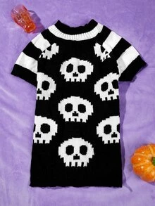 Halloween Skull Pattern Pet Sweater - Black and White - View 2