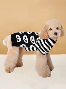 Halloween Skull Pattern Pet Sweater - Black and White - View 4