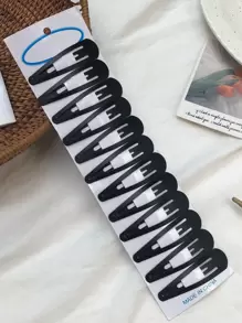 12 件简约纯色按扣夹休闲发夹、发饰、发夹爪夹 - 黑色 - 查看 1