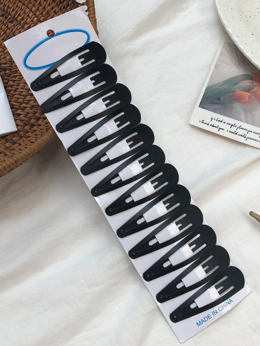 12 件简约纯色按扣夹休闲发夹、发饰、发夹爪夹 - 黑色 - 查看 1
