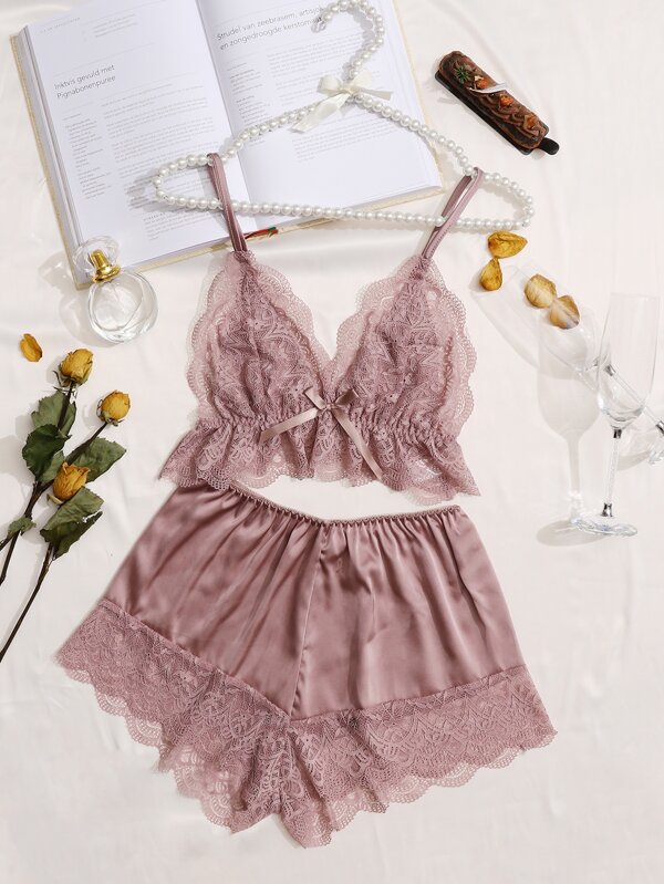 Contrast Lace Trim Cami Top With Shorts PJ Set / Pajama Set