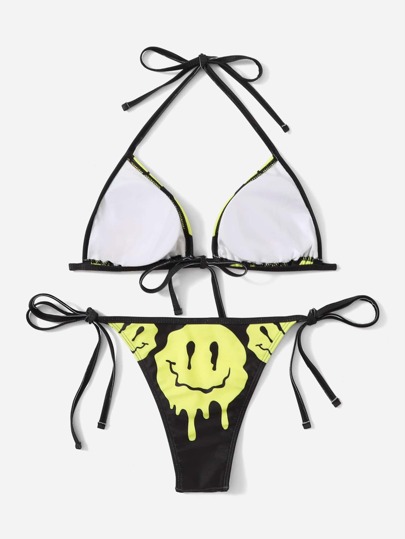 Street Life Ensemble bikini d'été de plage à côtés noués avec un dessin animé de visage graphique en forme de triangle