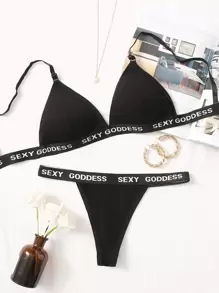 Set de lencería con cinta con letra - Negro - Ver 1