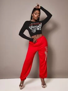 Slaydiva Áo thun nữ Đồ họa Lá thư Giải trí - màu đen - Xem 5