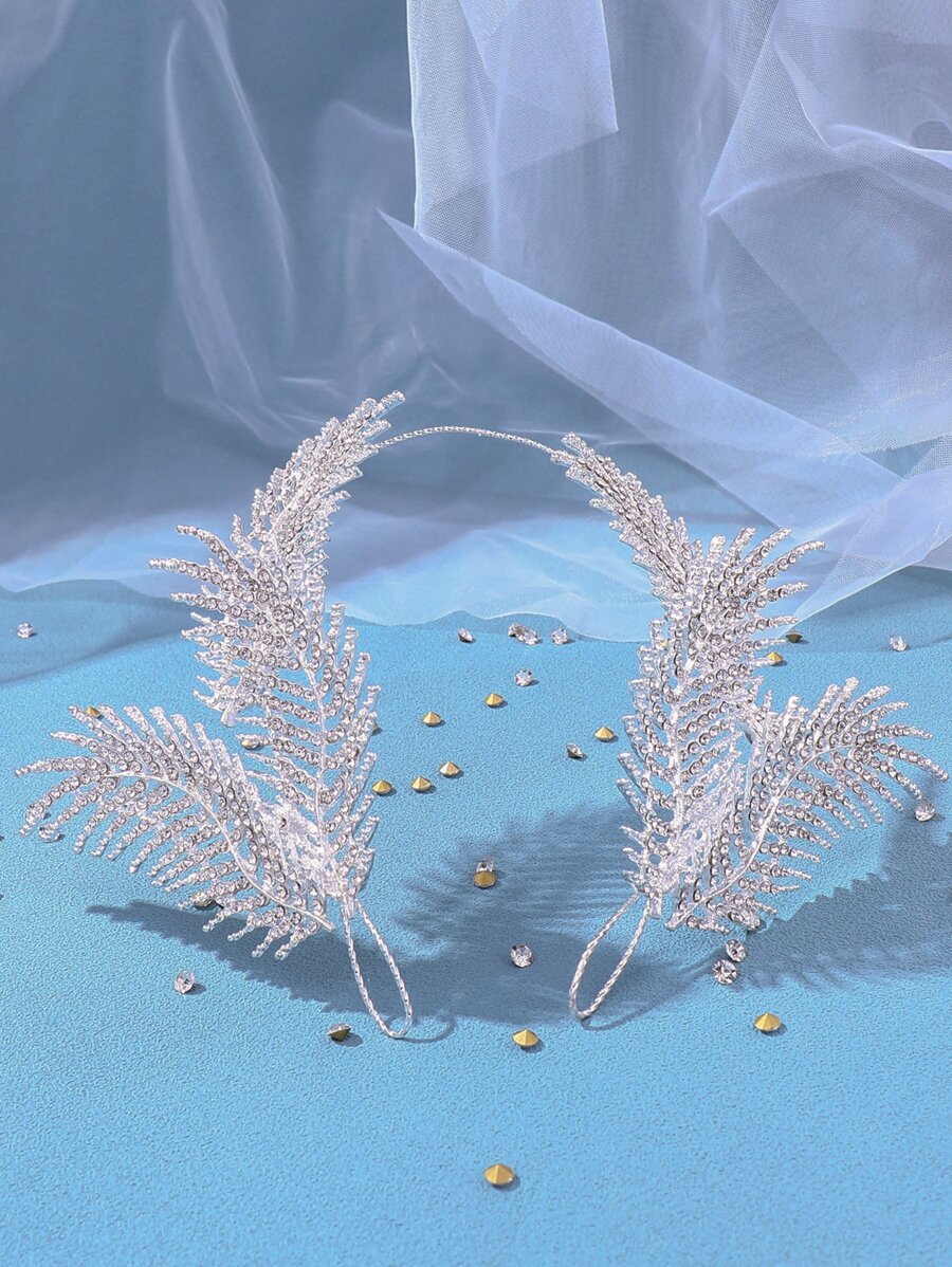 Rhinestone Leaf Decor Bridal Hair Band - Bạc - Xem 1