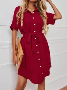 SHEIN LUNE Dolman Sleeve Belted Shirt Dress - Burgundy - View 1