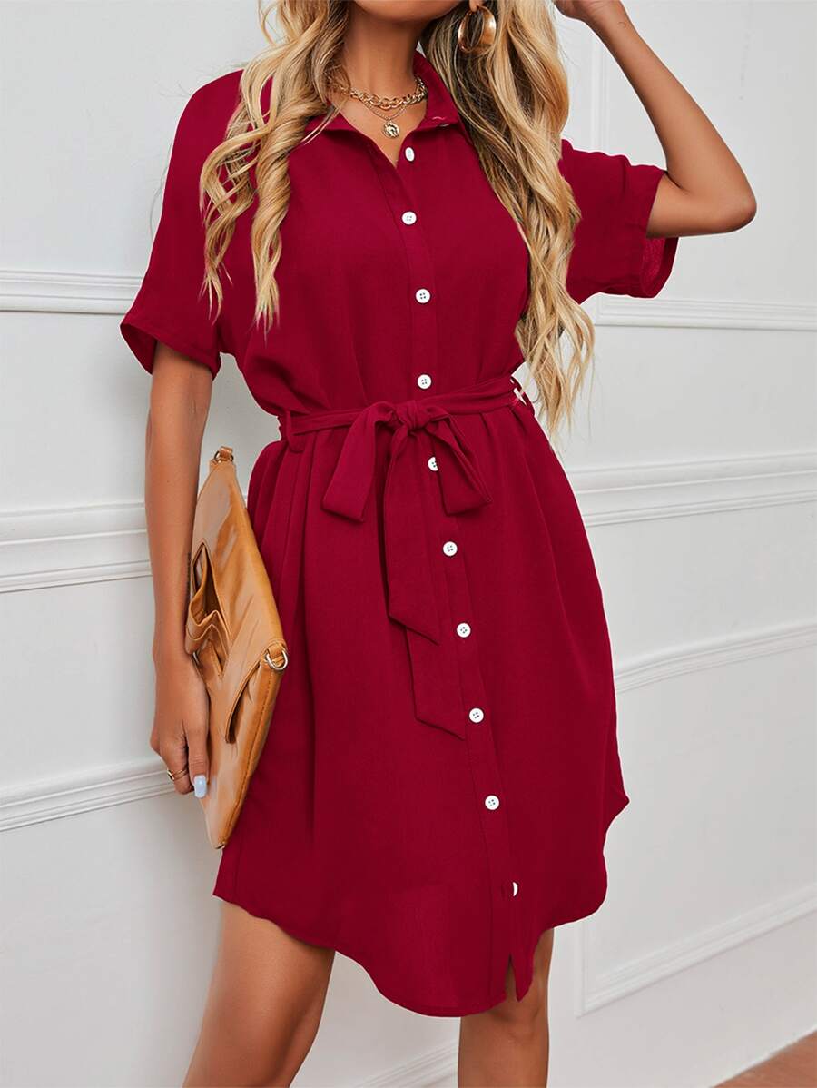 SHEIN LUNE Dolman Sleeve Belted Shirt Dress - Burgundy - View 1