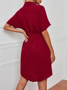 SHEIN LUNE Dolman Sleeve Belted Shirt Dress - Burgundy - View 2