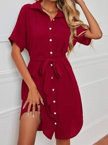 SHEIN LUNE Dolman Sleeve Belted Shirt Dress - Burgundy - View 3