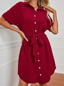 SHEIN LUNE Dolman Sleeve Belted Shirt Dress - Burgundy - View 5