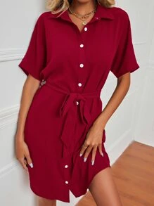 SHEIN LUNE Dolman Sleeve Belted Shirt Dress - Burgundy - View 6