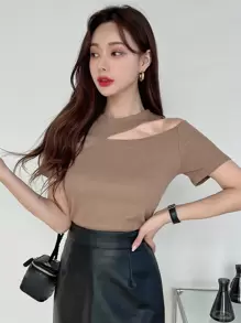 DAZY Cut Out Rib-knit Tee - Camel - View 6