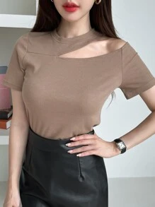 DAZY Cut Out Rib-knit Tee - Camel - View 7