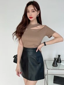 DAZY Cut Out Rib-knit Tee - Camel - View 8