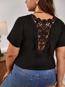 SHEIN Frenchy Áo thun Plus size Tương phản ren màu trơn Giải trí - màu đen - Xem 1