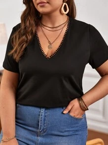 SHEIN Frenchy Áo thun Plus size Tương phản ren màu trơn Giải trí - màu đen - Xem 3