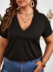 SHEIN Frenchy Áo thun Plus size Tương phản ren màu trơn Giải trí - màu đen - Xem 4