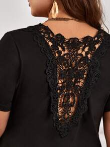 SHEIN Frenchy Áo thun Plus size Tương phản ren màu trơn Giải trí - màu đen - Xem 5
