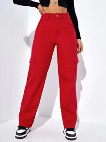 SHEIN EZwear Quần jean nữ Nút Túi Dây kéo màu trơn - Đỏ - Xem 1