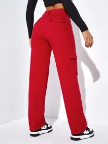 SHEIN EZwear Quần jean nữ Nút Túi Dây kéo màu trơn - Đỏ - Xem 2