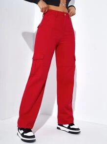 SHEIN EZwear Quần jean nữ Nút Túi Dây kéo màu trơn - Đỏ - Xem 3