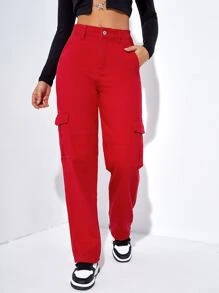 SHEIN EZwear Quần jean nữ Nút Túi Dây kéo màu trơn - Đỏ - Xem 5