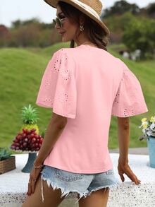 SHEIN LUNE 網眼刺繡蝴蝶袖T恤 - 粉色 - 查看 2