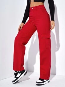 SHEIN EZwear Quần jean nữ Nút Túi Dây kéo màu trơn - Đỏ - Xem 6