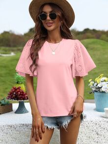 SHEIN LUNE 網眼刺繡蝴蝶袖T恤 - 粉色 - 查看 4